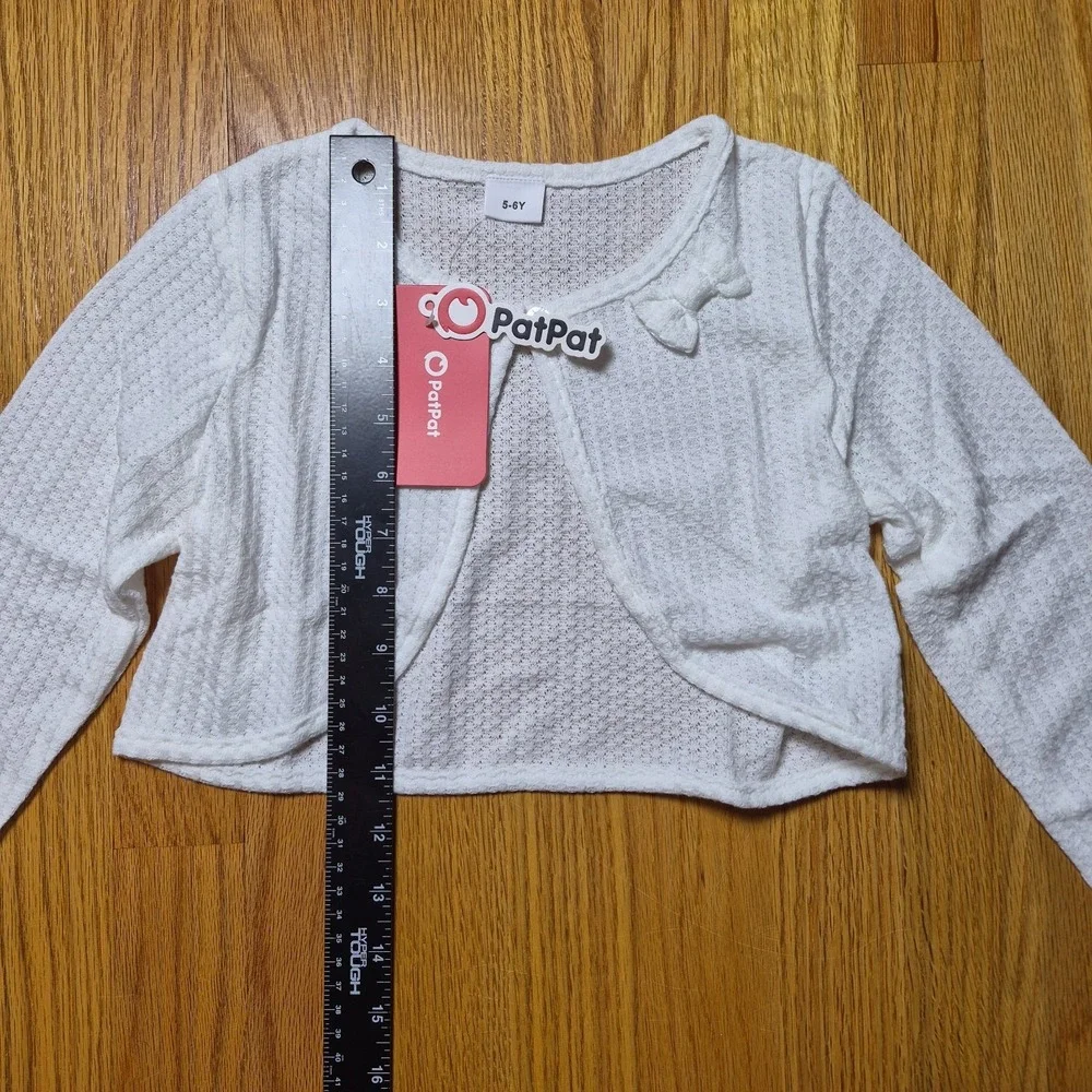 PatPat Girls White Textured Knit Bolero Shrug Bow Accent Cardigan Size 5-6Y NEW